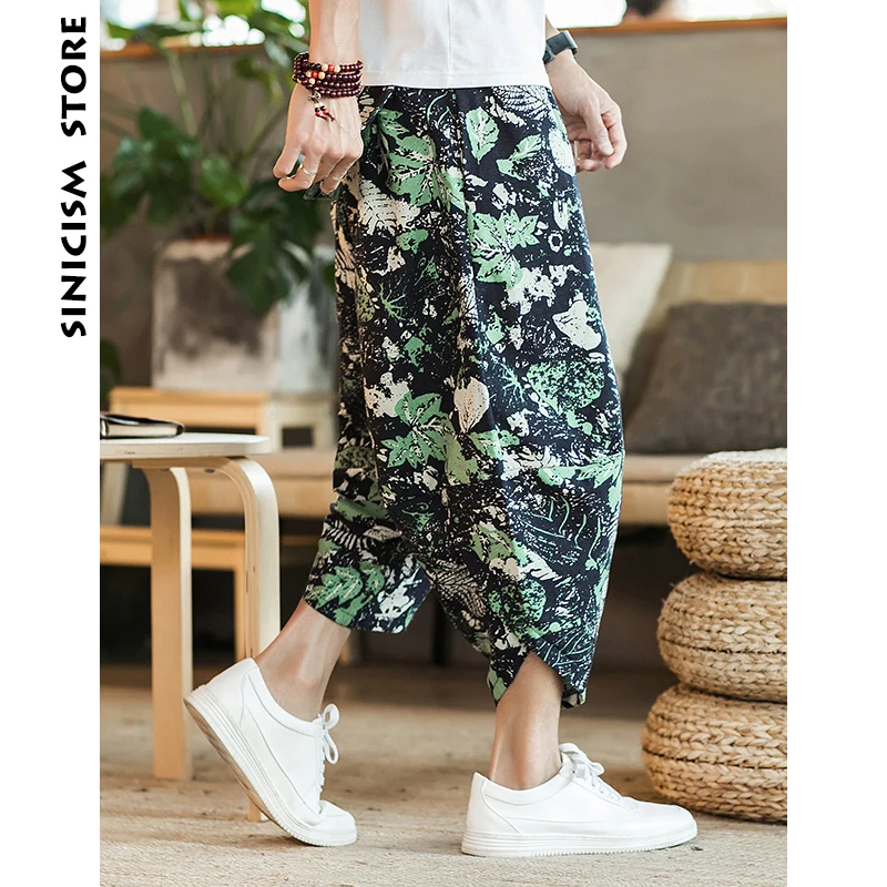 Sinicism Store мужские хлопковые льняные брюки, мужские летние повседневные брюки длиной до щиколотки, мужские Мешковатые Свободные брюки с рисунком