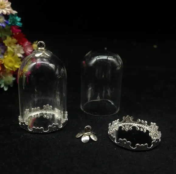 300sets/lot 30*20mm wholesale mix color tube bell jars glass vial pendant with flower tray metal cap diy bottle cover dome | Украшения и