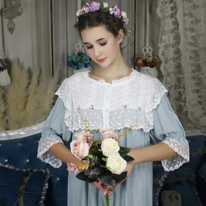 Vintage Deep Green Летние хлопковые винтажные женские длинные ночные рубашки с коротким рукавом элегантное платье принцессы для сна Женское ночное белье большого размера ночное белье - Цвет: Vintage Deep Green