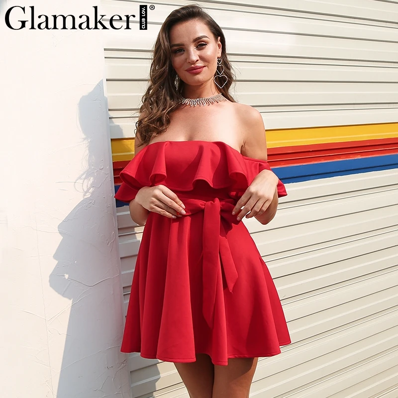 Женское платье с открытыми плечами Glamaker красное вечернее оборками без бретелек