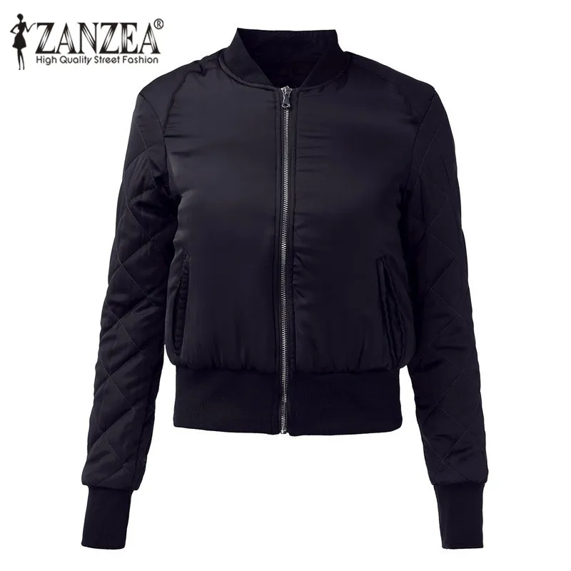 ZANZEA, женские куртки-бомберы, Осень-зима, теплые, с длинным рукавом, с хлопковой подкладкой, повседневные, на молнии, короткая верхняя одежда, стеганые пальто, топы - Цвет: Navy