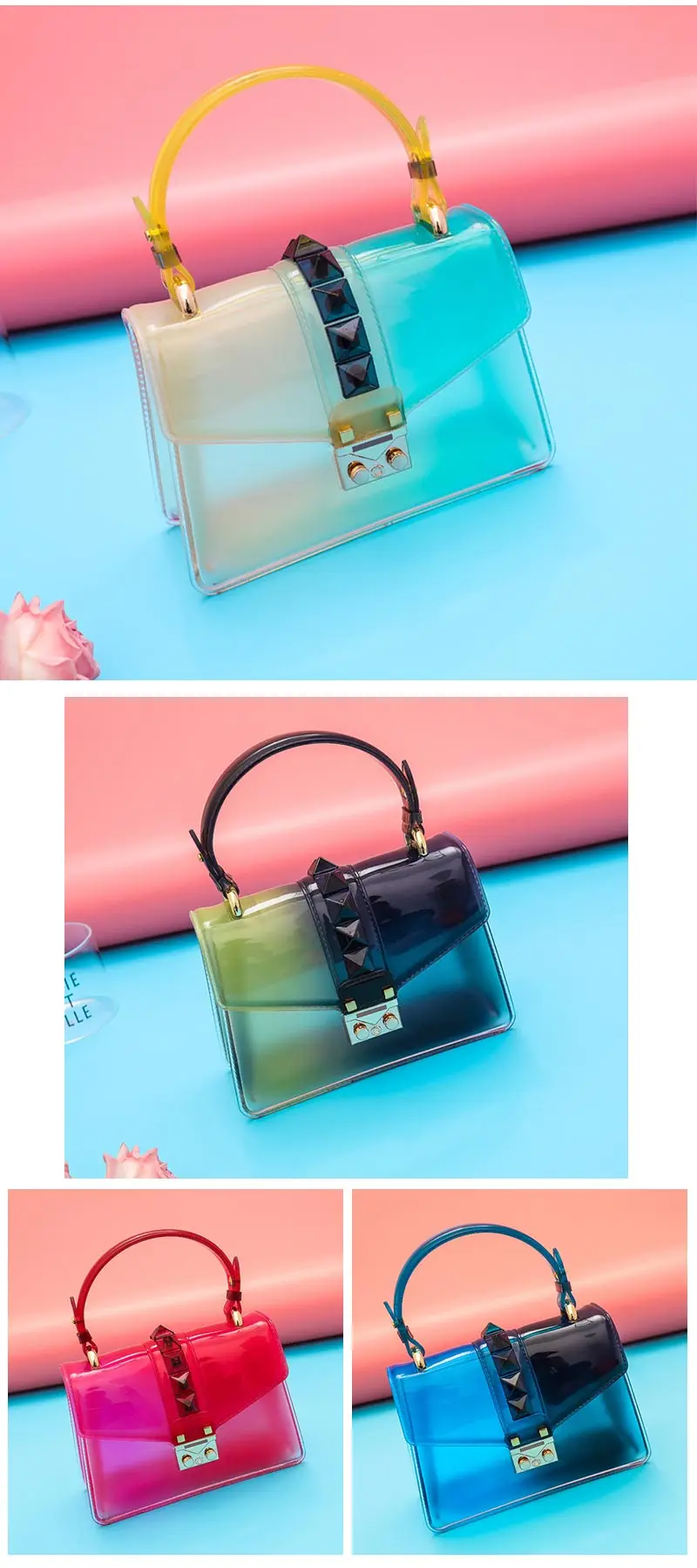 Transparent Satchel Handbag Gradients Color Clear Jelly Transparent PVC Rivets Candy Color Tote Bags Crossbody Messenger Bag