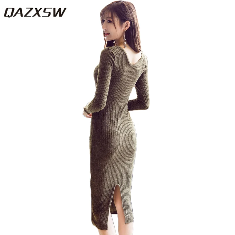 Повседневное осенне-зимнее вязаное платье QAZXSW 2019 Женское шерстяное вечерние