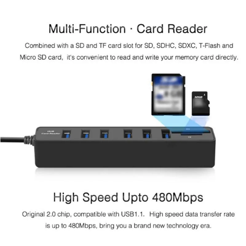 8 портов USB2.0 концентратор адаптер 6 USB + SD TF устройство для чтения карт памяти