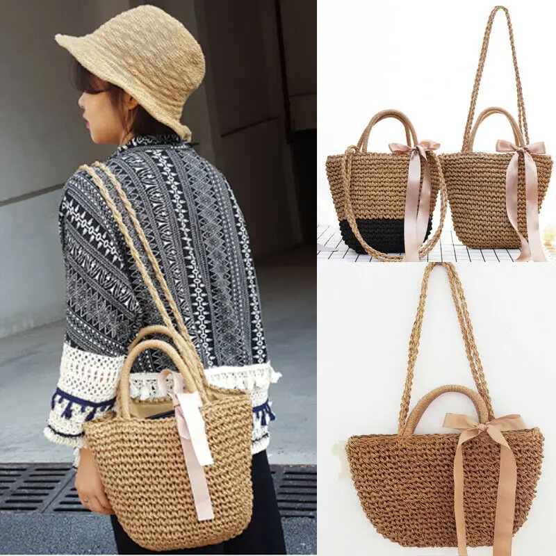 Женская плетеная Сумка из ротанга Пляжная Повседневная через плечо с соломенным
