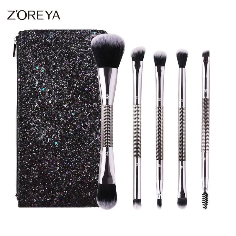 Zipper style Zoreya 5 шт. двойной головкой набор кистей для пудры губ бровей ресницы косметические инструменты с блестящей сумкой - Handle Color: Zipper style