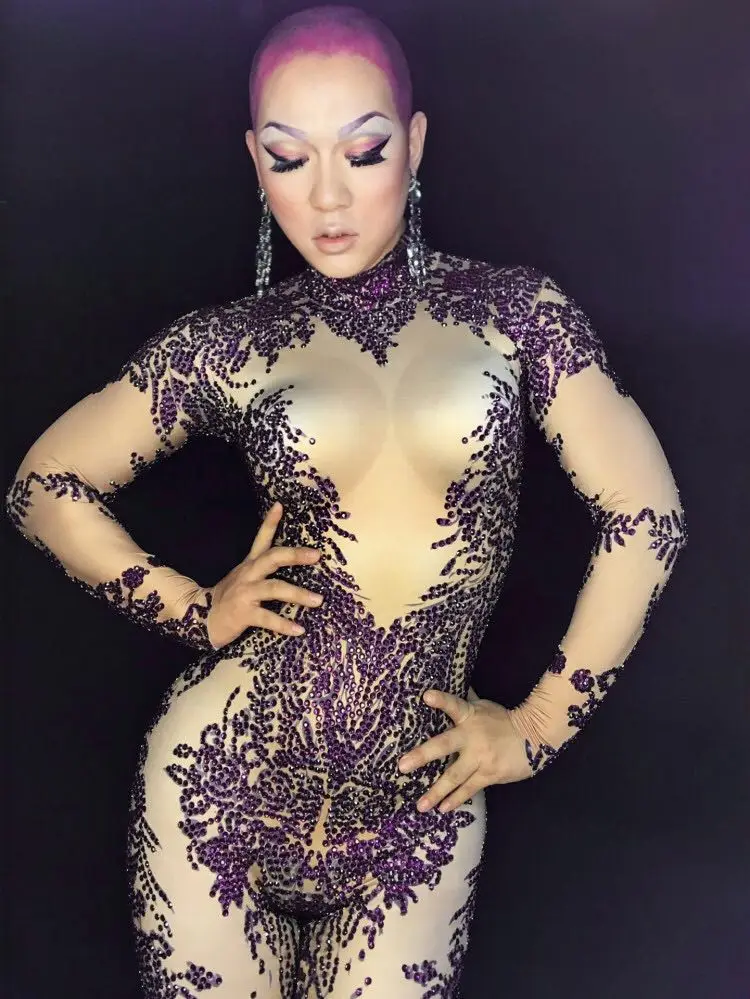 Сексуальные блестящие фиолетовые бриллиантовые трико с длинными рукавами для