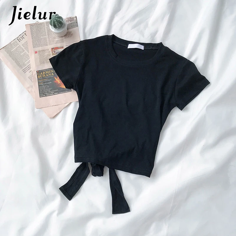Jielur 4 цвета зеленая футболка для женщин открытая спина галстук бабочка