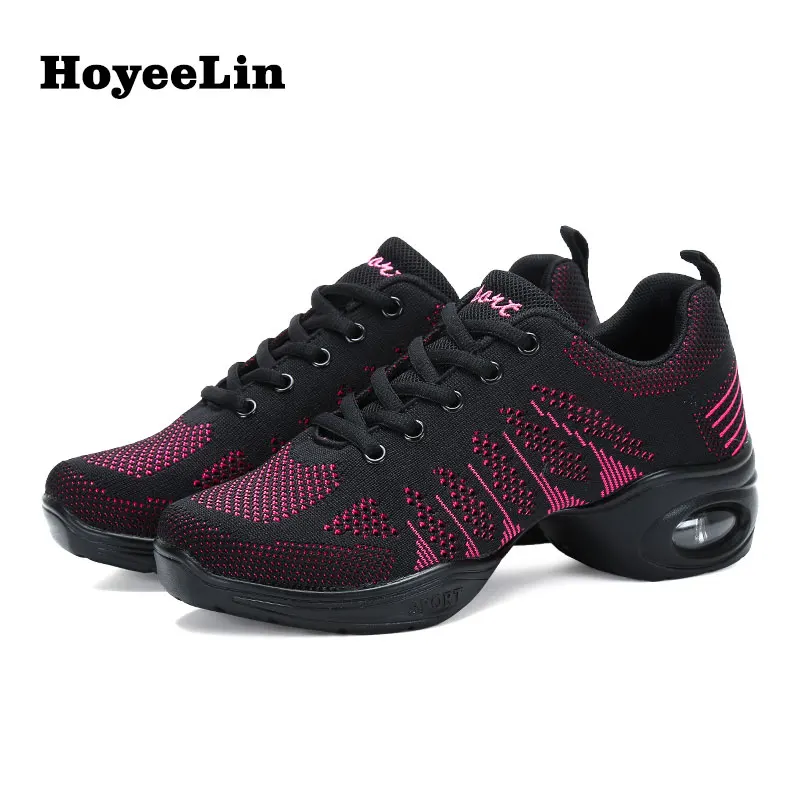 Black Rosy HoYeeLin/сетчатые кроссовки для джазовых танцев; Женская Удобная амортизирующая подошва; Современная танцевальная обувь; спортивная обувь для фитнеса - Цвет: Black Rosy