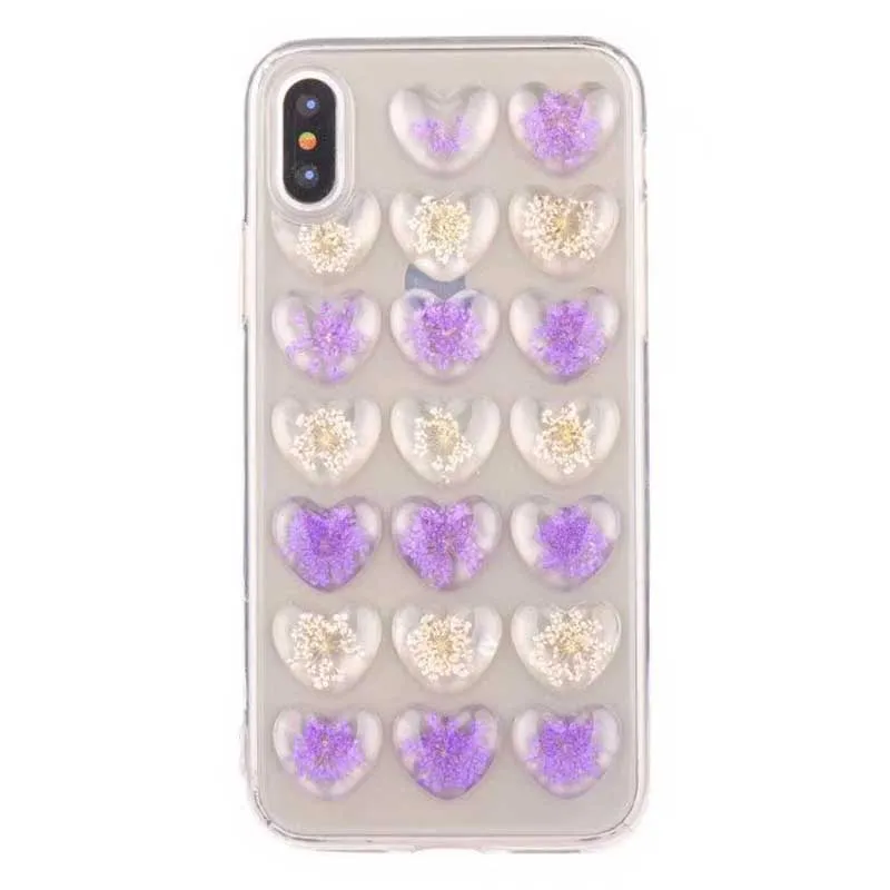 Модные 3D сердце любовь настоящие сухие цветы чехол для iPhone Xs Max Xr 8 7 6 Plus Прозрачный