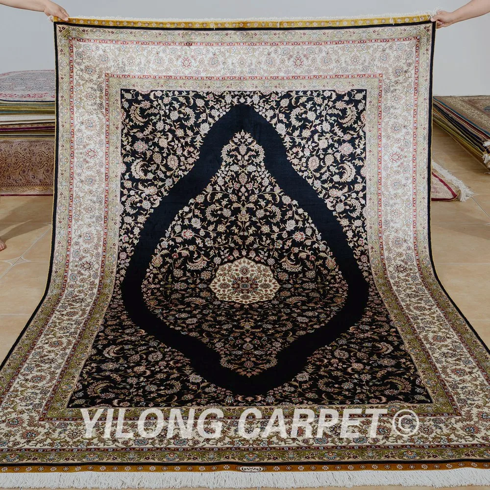 

Yilong 5,5 'x 8' Античный шелковый ковер ручной работы с узлом черный прямоугольный Шелковый коврик Тебриз (0205)