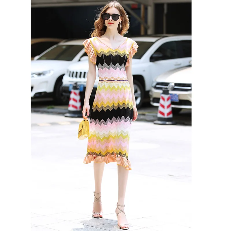 2019 Summer Fashion Dress Women Colorful Stripe Bohemia Sweater Brand T-Shirt Style Slim Sexy Long Knit | Женская одежда