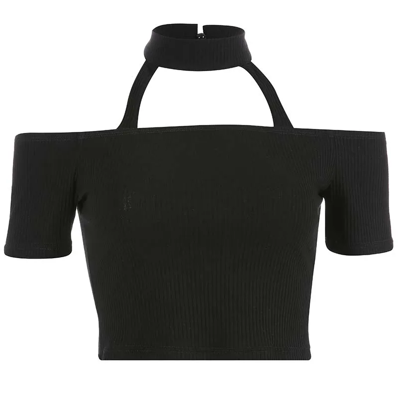 black T-Shirt Милая женская футболка с открытыми плечами, топы, женская рубашка, готический стиль, Modis, Harajuku, лето, Femme Frida, топы, корейский стиль, одежда - Цвет: black T-Shirt