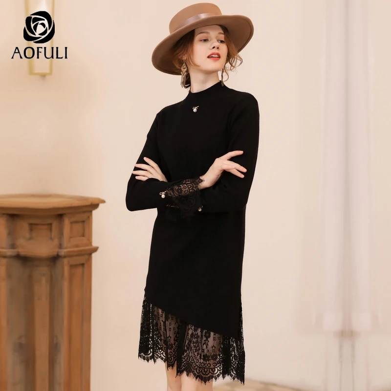 Платье Свитер AOFULI кружевное ассиметричное с длинным рукавом размеры XL 2XL 3XL 4XL