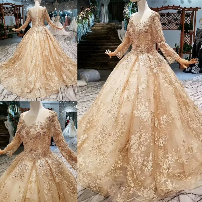 

SSYFashion Новое Роскошное винтажное свадебное платье цвета шампанского, высококачественное кружевное платье с длинными рукавами и аппликацие...