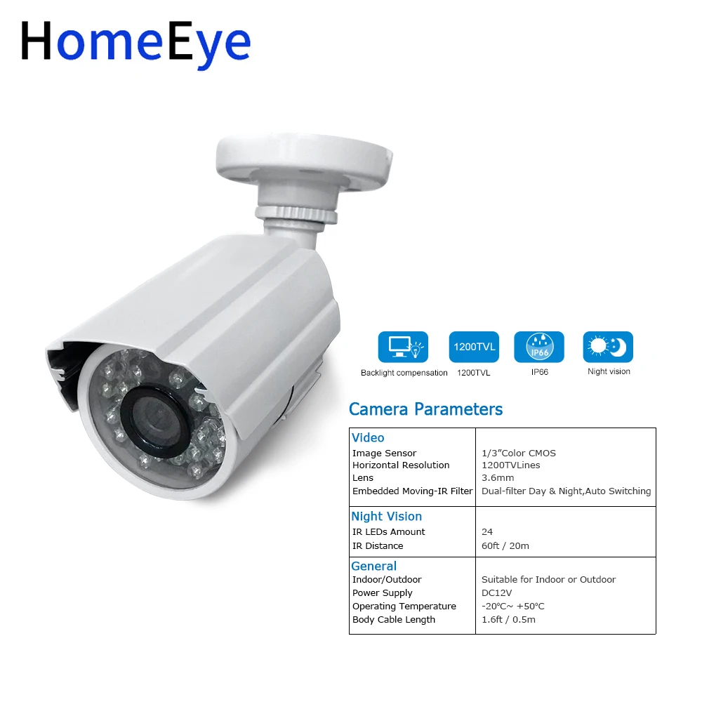 Аналоговая камера видеонаблюдения HomeEye 1/3 дюйма CMOS 1200TVL с объективом 3 6 мм