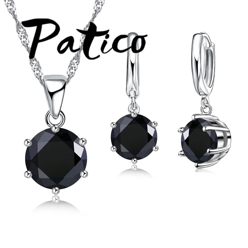 Vintage Simple Style Round Black CZ Crystal Jewelry Sets 925 Sterling Silver Earrings Pendant Necklace for Women Wedding | Украшения и