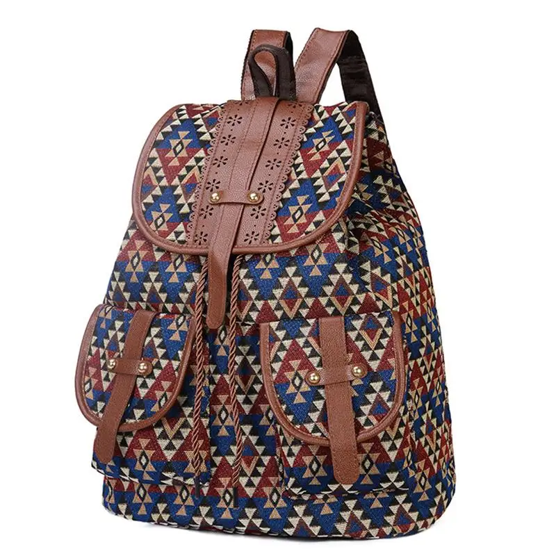 Синий Школьный рюкзак с геометрическим принтом в национальном стиле для девочек-подростков, Модный женский рюкзак на шнурке, женские рюкзаки - Цвет: Синий