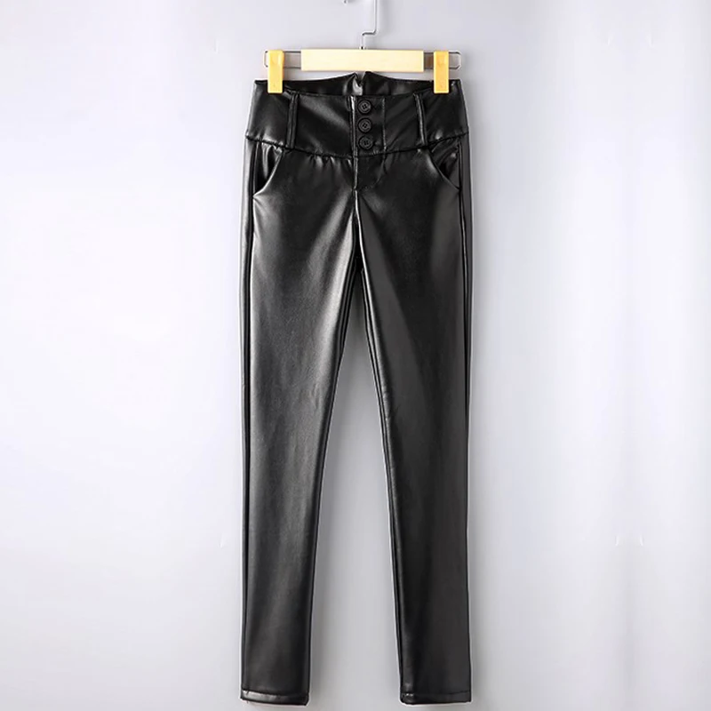 Женские узкие брюки-карандаш из искусственной кожи черные леггинсы с высокой
