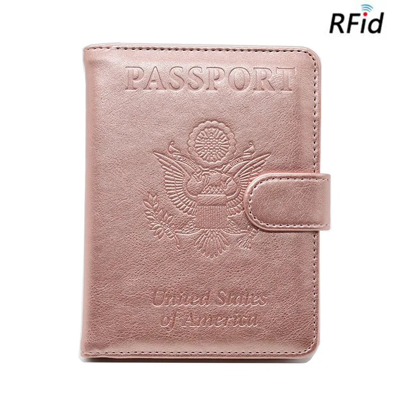 Элегантный чехол для паспорта, США, RFID, розовый, на магнитной застежке, из искусственной кожи, держатель для паспорта, кошелек, модный чехол для путешествий, для защиты паспорта
