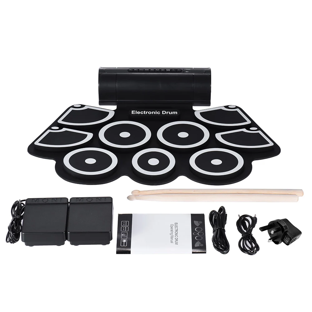 

Portable Electronic Roll Up Drum Pad Set 9 Silicon Pads Built-in Speakers with Drumsticks Foot Pedals USB 3.5mm Audio Cable