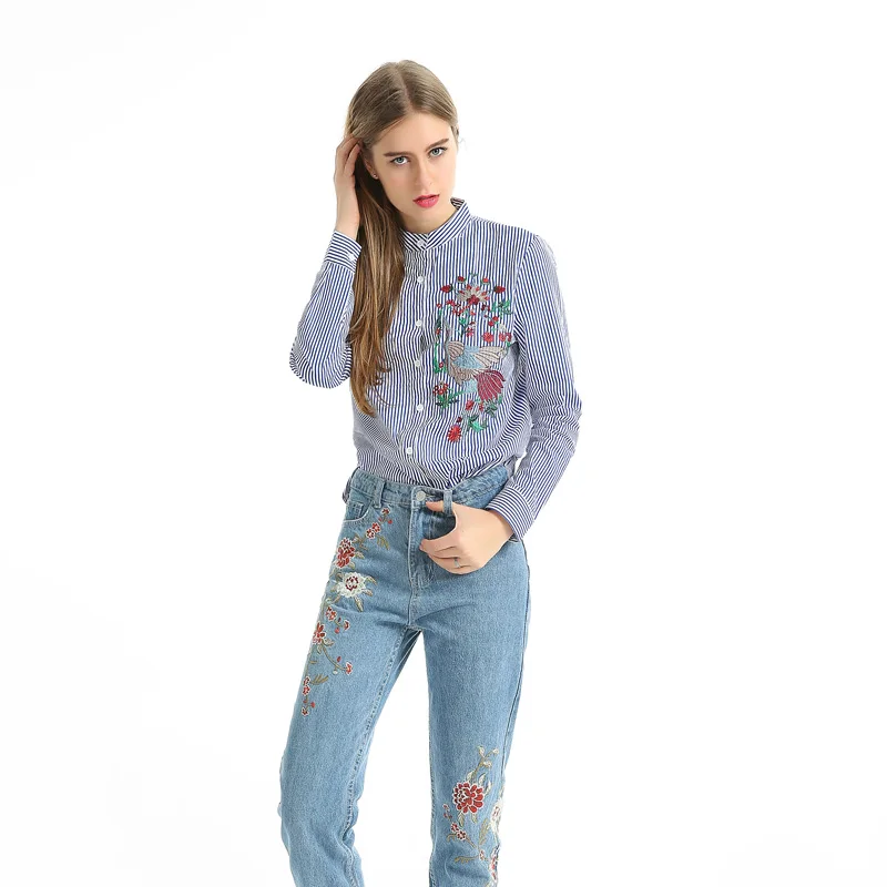 Женская хлопковая блузка Susi & Rita с вышивкой рубашка длинным рукавом и цветочным