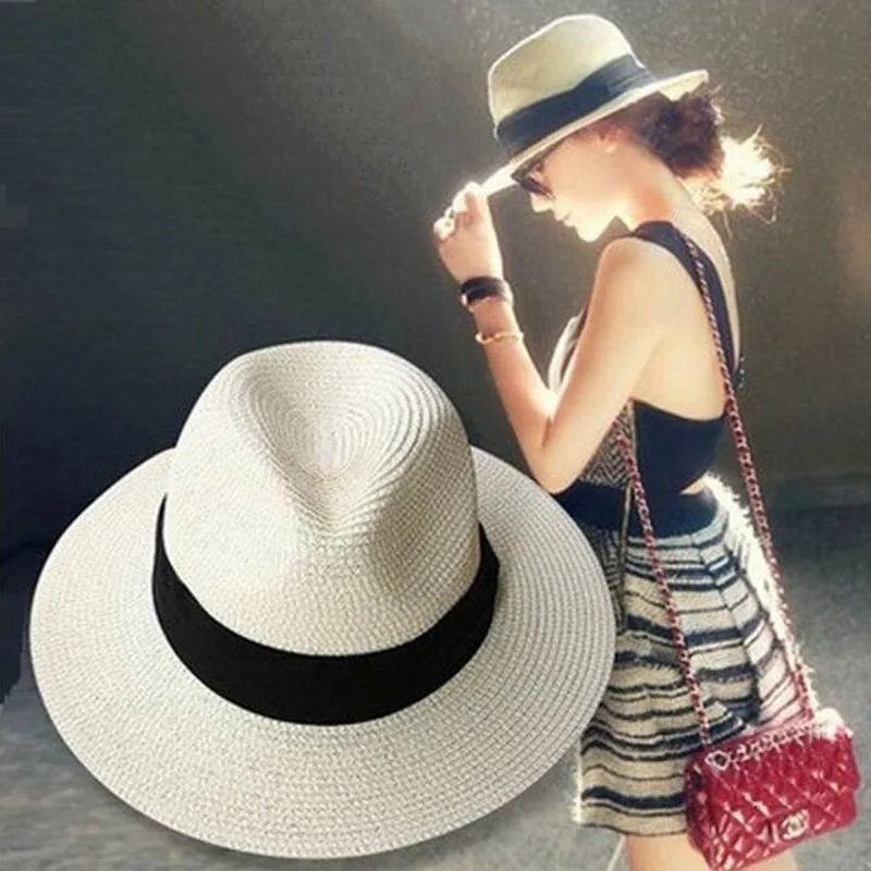 Новая женская sombreros летняя шляпа классический черный пояс Панама солнечные шляпы