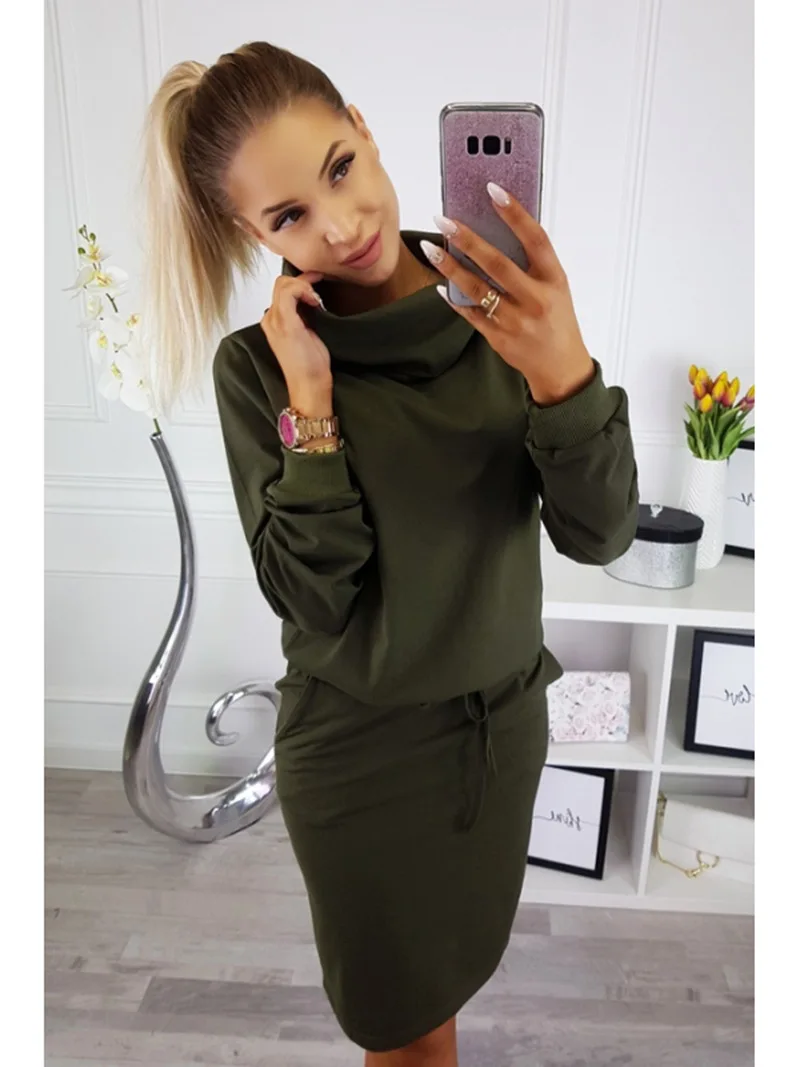 Новинка, зимние платья, модное женское элегантное платье, повседневное, длинный рукав, водолазка, черный пояс, платье, Femme, карман, миди, хлопок, платье