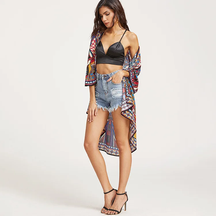 Женская шифоновая блузка с геометрическим принтом длинный кардиган-кимоно