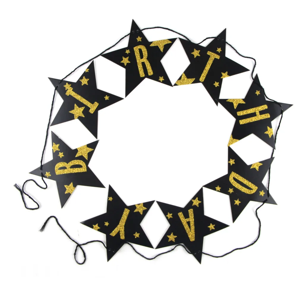 Black and Gold Glitter Star Happy Birthday Paper Banner Bunting Garland for Kids Party Hanging Decorations Crafts | Дом и сад