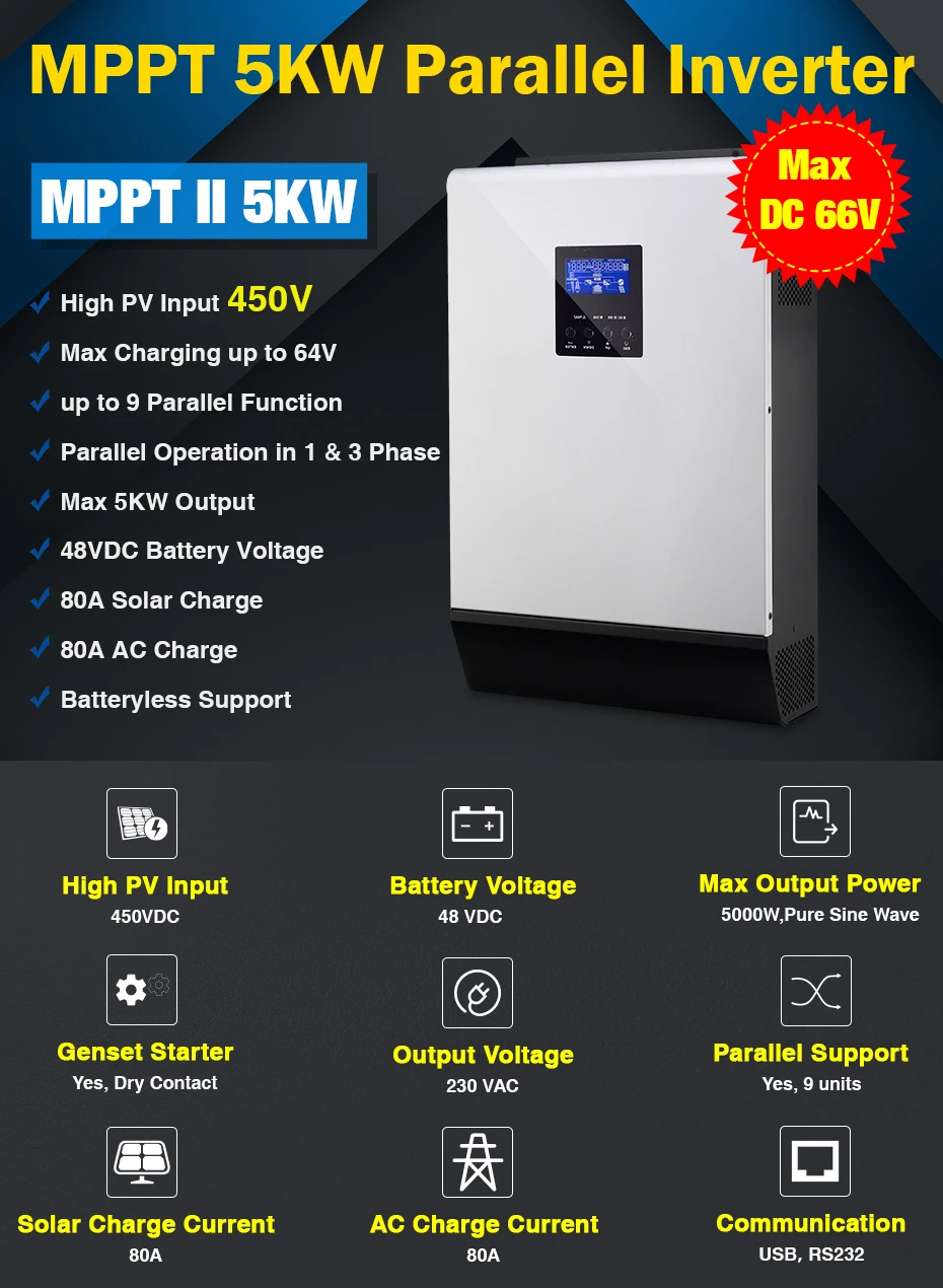 450Vdc 5000W Solar Inverter 80A MPPT Parallel Inverter 48V 230V Pure Sine Wave Hybrid Inverter 80A Battery Charger micro inverte