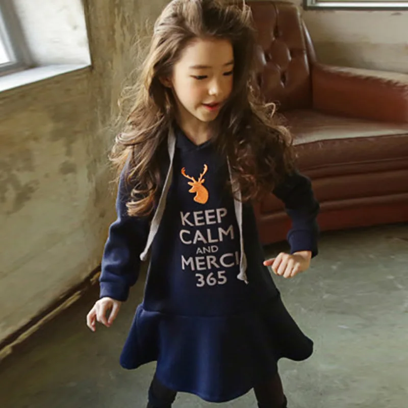 Fall Winter Girl Dresses Long Sleeve Hooded Dress For Teens Casual Cartoon Letter Print Kids Clothes Princess A-line Mini | Детская