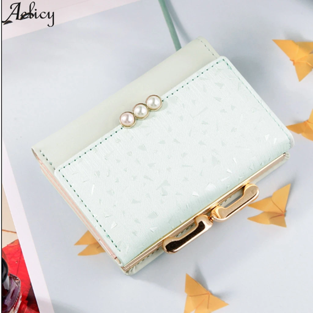 Aelicy, новинка, женский короткий кошелек с жемчугом, три сложения, бумажник для рук, дизайнерский, из искусственной кожи, с отделением для карт, модный кошелек, высокое качество
