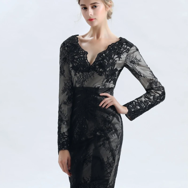Женское вечернее платье с длинным рукавом кружевом и V образным вырезом|Платья