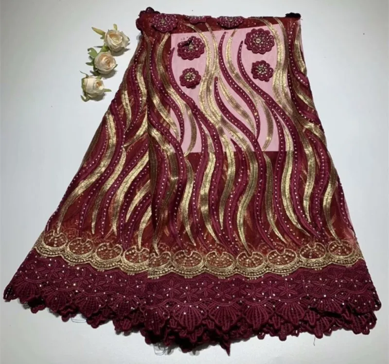 Африканская кружевная ткань 2019 вышитая высокого качества винно красный