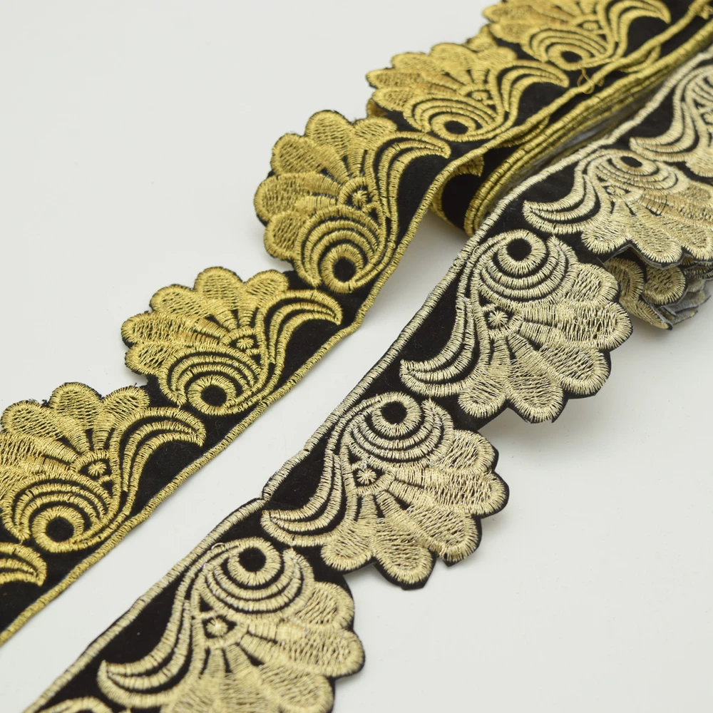 5 ярдов бархатная черная ткань кружевная отделка с золотой цветочной вышивкой