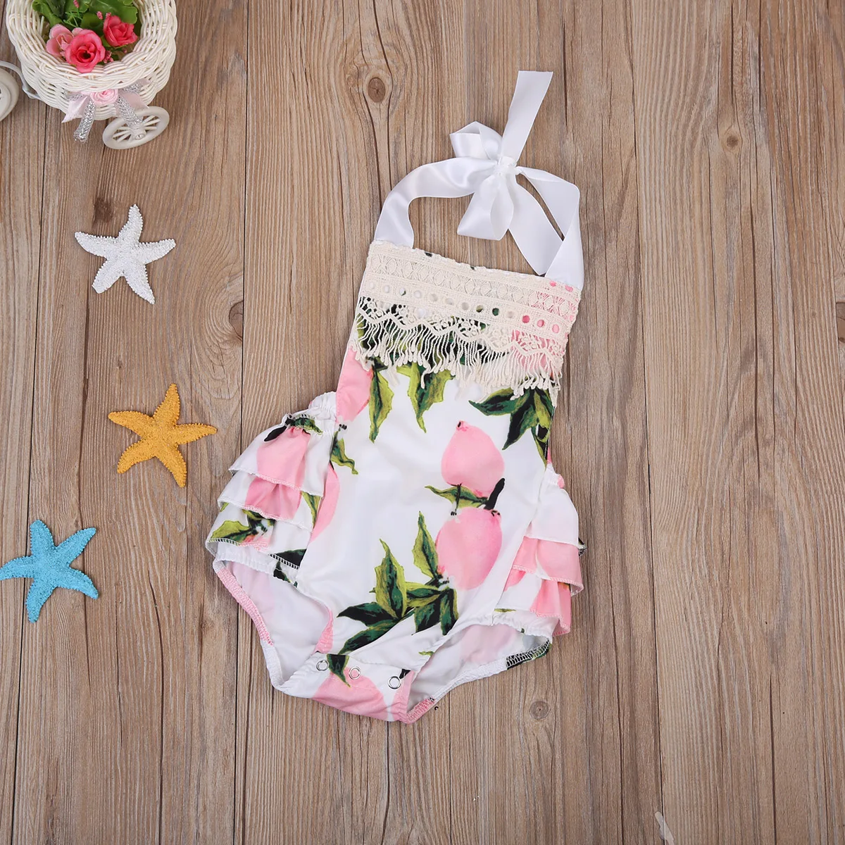 Новый Лето 2017 г. для новорожденных девочек персиковый с рисунком кружева рюшами