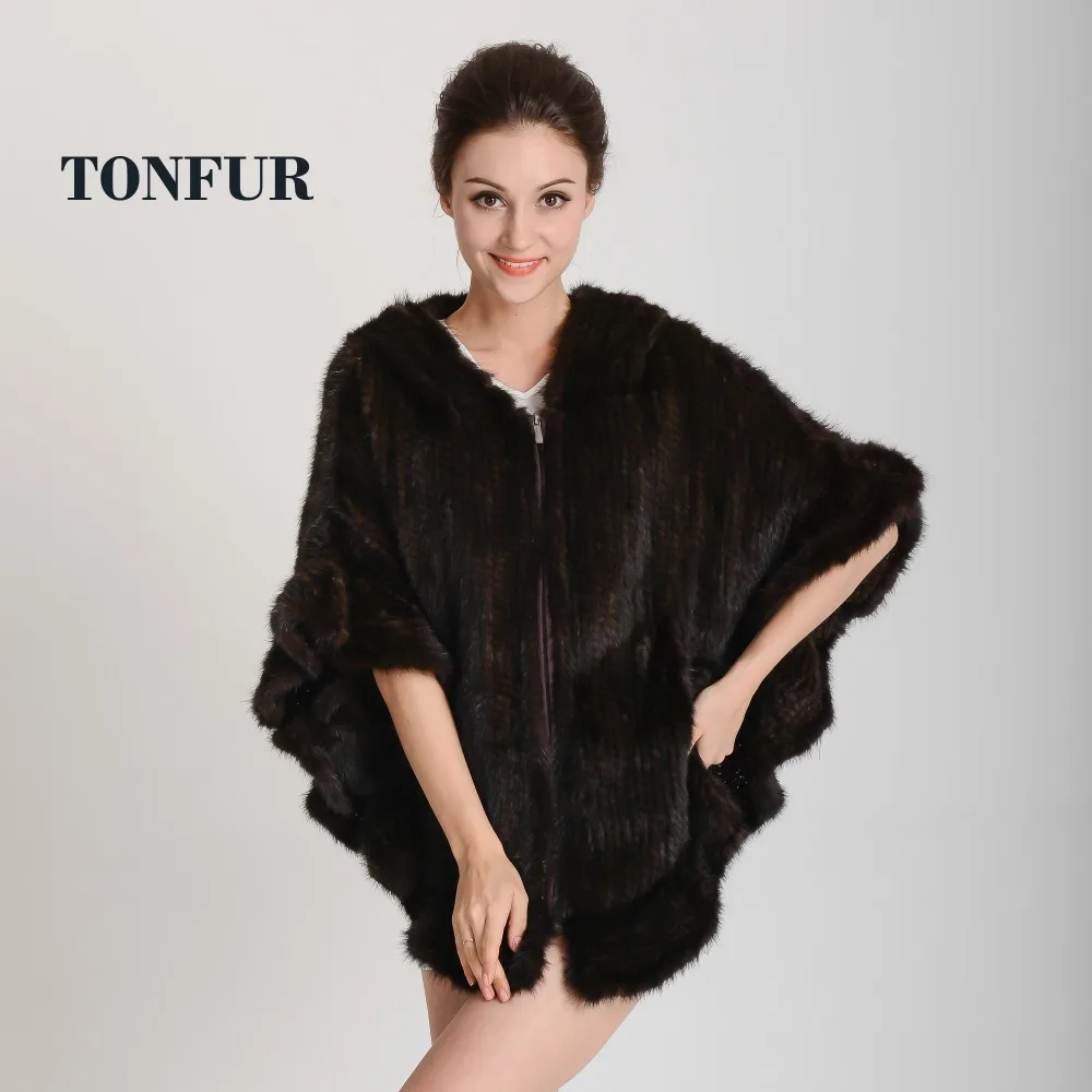 Из натуральной норки Мех шаль пончо с капюшоном Для женщин вязаной пальто мехом
