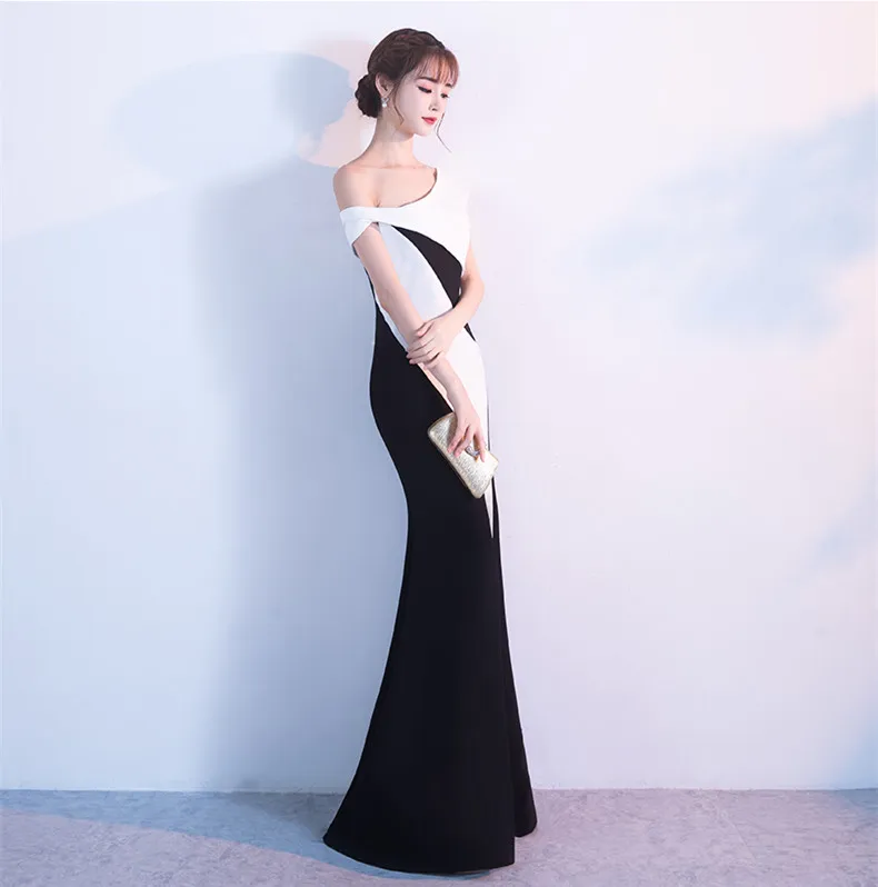 Женское вечернее платье русалка черно белое Длинное Элегантное с высоким