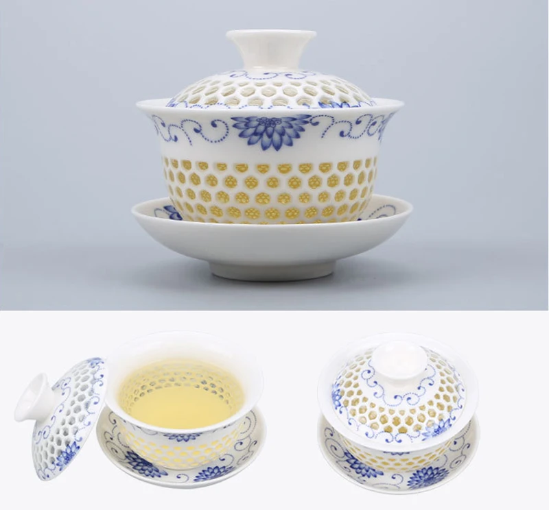 Изысканный чайный набор голубого и белого цвета 1 Gaiwan 6 чашек чайник с сотовой