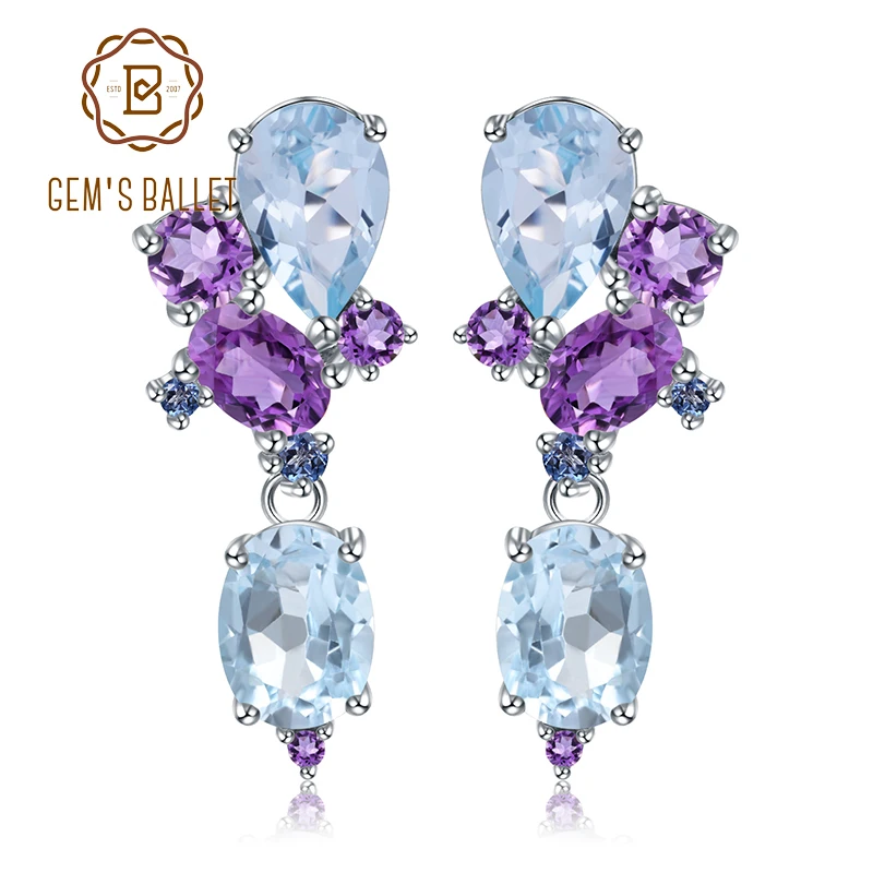 GEM'S BALLET Серебро 925 пробы Красочные Современные Нерегулярные Серьги Натуральный Синий Топаз Аметист Серьги-гвоздики для женщин Бижутерия