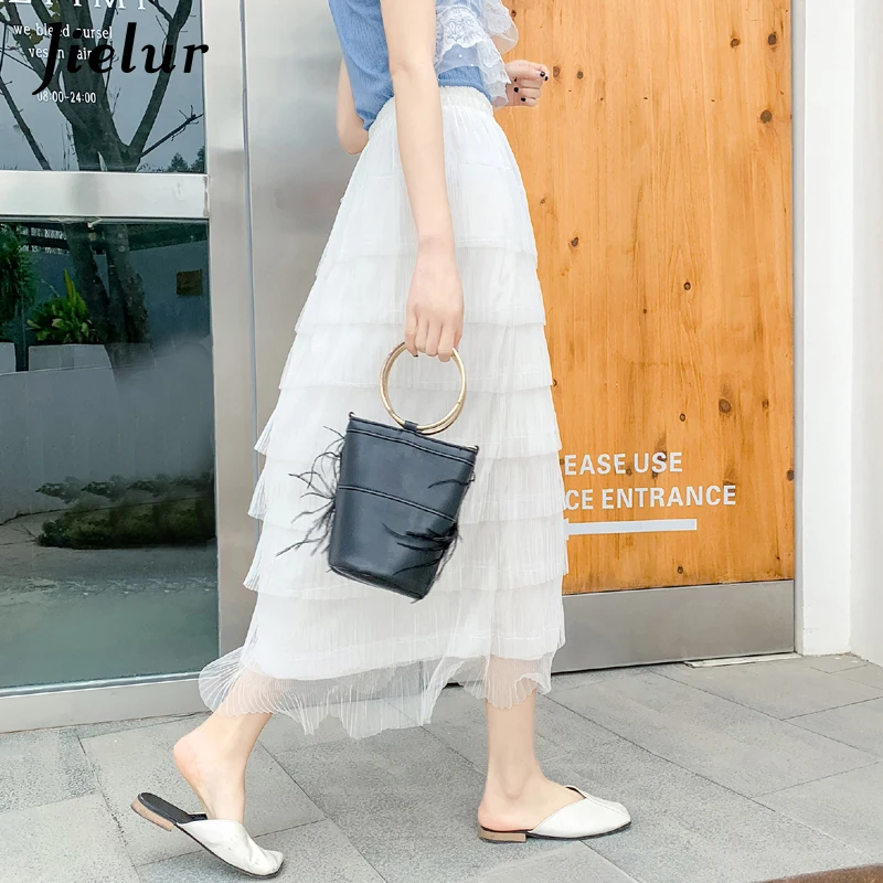 Jielur Mesh Pleated Skirt Women Summer High Waist A-line Solid Color Sexy Long Black Pink Casual Faldas Mujer Moda 2021 | Женская одежда