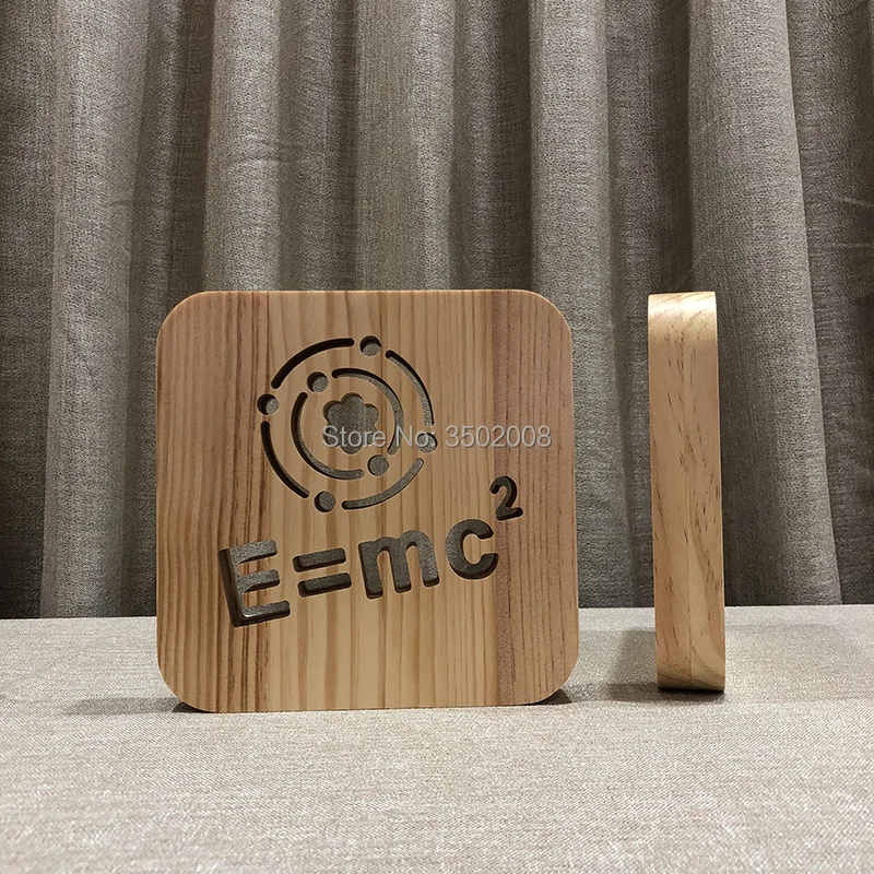 Креативный деревянный ночник 3d E = MC ^ 2 USB кабель с полым дизайном