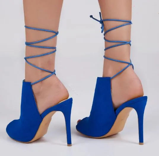Online Plus Ukuran Euro 35-43 Cross-terikat Lace Up Sandal Untuk Wanita Peep Toe Slingbacks Stiletto Heels Suede Booties Ankle Boots 3 Warna