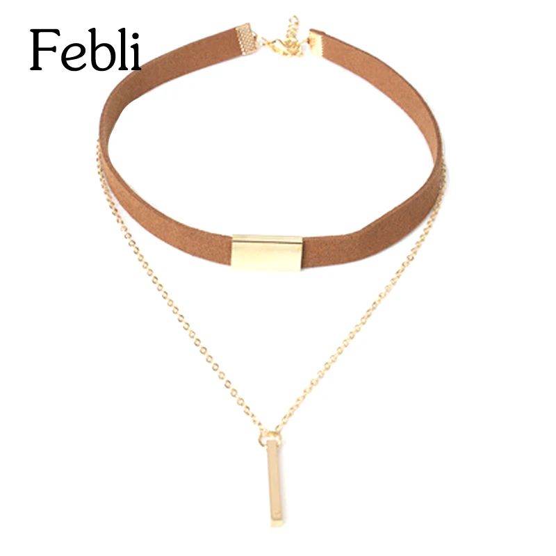 Febli Новое поступление короткие бархатные Цепочки и ожерелья с двойной цепи Мода в