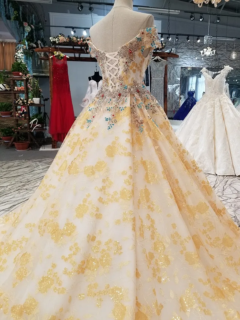 Aolanes 2018 Gold Lace Sweetheart Wedding Dresses Royal Train China Bridal Gown Backless Off The Shoulder Vestido De Noiva | Свадьбы и
