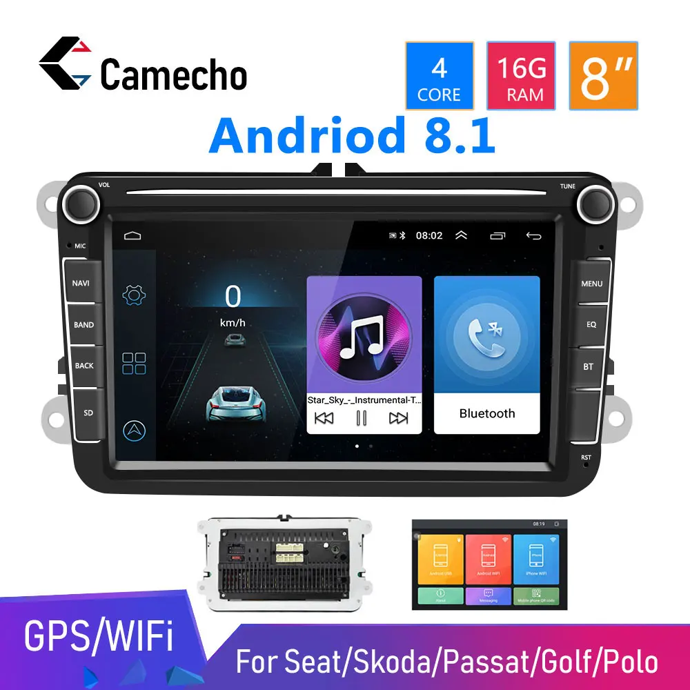 Camecho Android 8,1 Автомагнитола Стерео gps навигация Мультимедиа Bluetooth Авто Радио 2 Din аудио для сиденья/Skoda/Passat/Golf/Polo