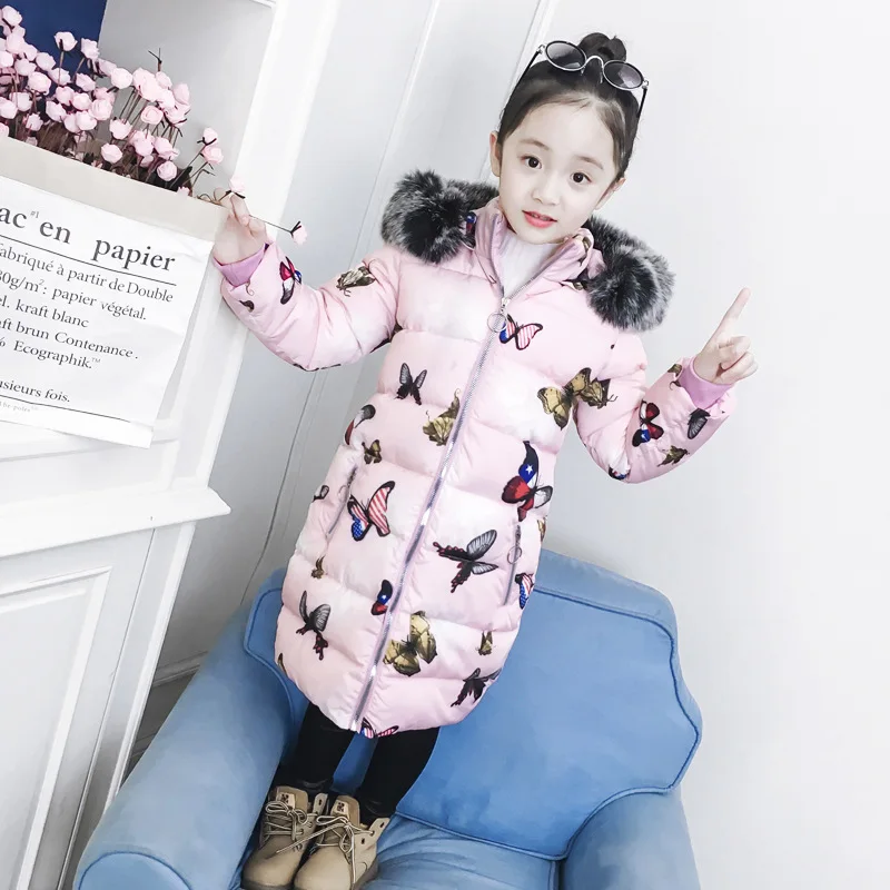 

Girls 4-12 Years Hooded Fluffy Collar Casual Winter Mid-long Jacket Butterflies Pattern Thick Warm Windbreaker Jackets