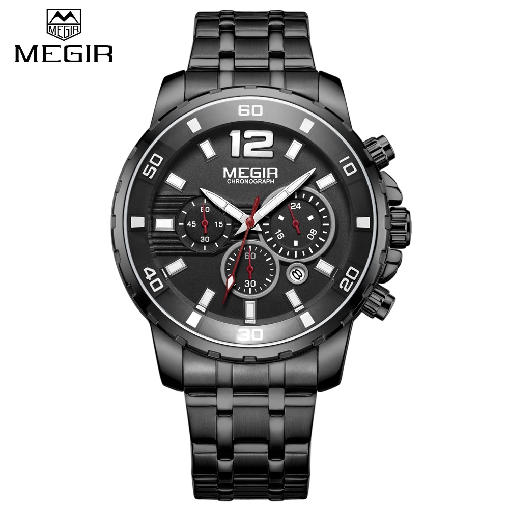 

Megir Luxury Brand Sport Watch Men Black Quartz Chronograph Clock Stainless Steel Waterproof Man Military Men's Watches Relogio