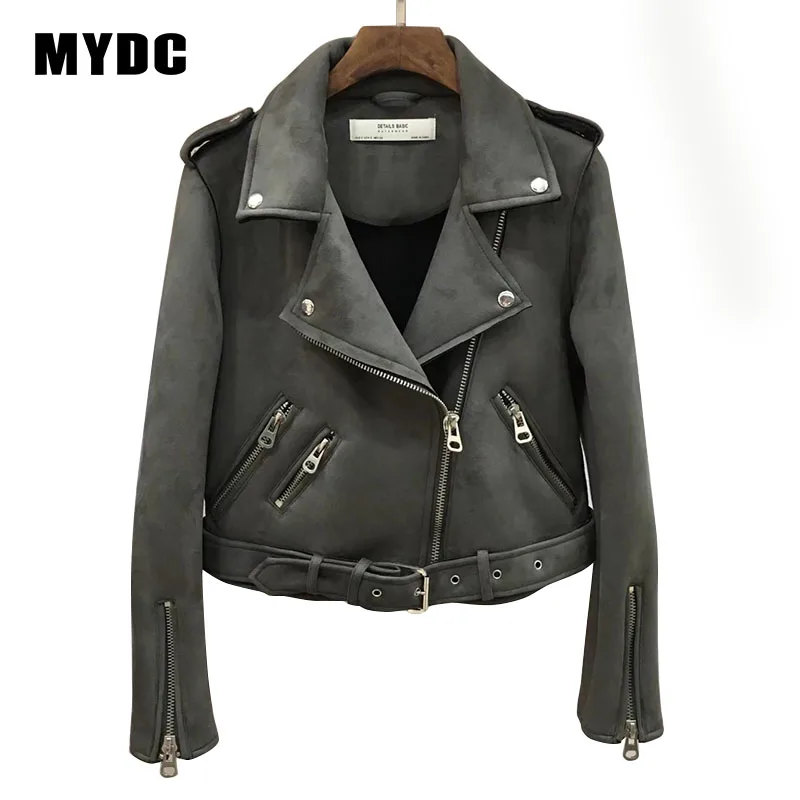 Серый MYDC кожаная куртка, модная, однотонная, короткая, тонкая, длинный рукав, пальто, для женщин, на молнии, пальто, с карманами, верхняя одежда, уличная одежда, новая мода - Цвет: Серый